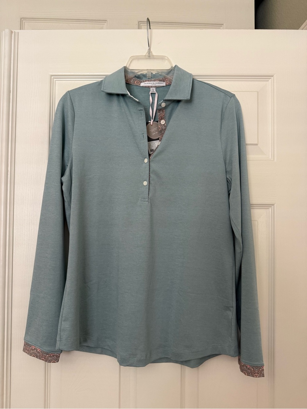 Fairway & Greene Long-Sleeve Polo Top in Seafoam Blue with Contrast Trim